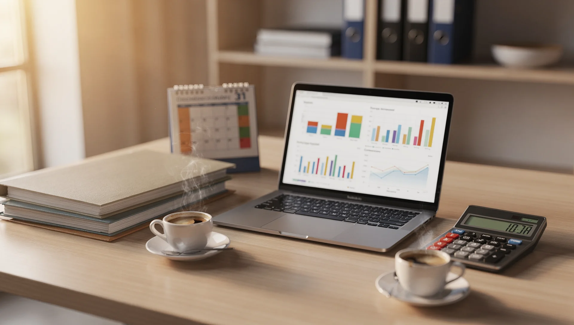 Documenti contabili e calcolatrice per la chiusura del bilancio